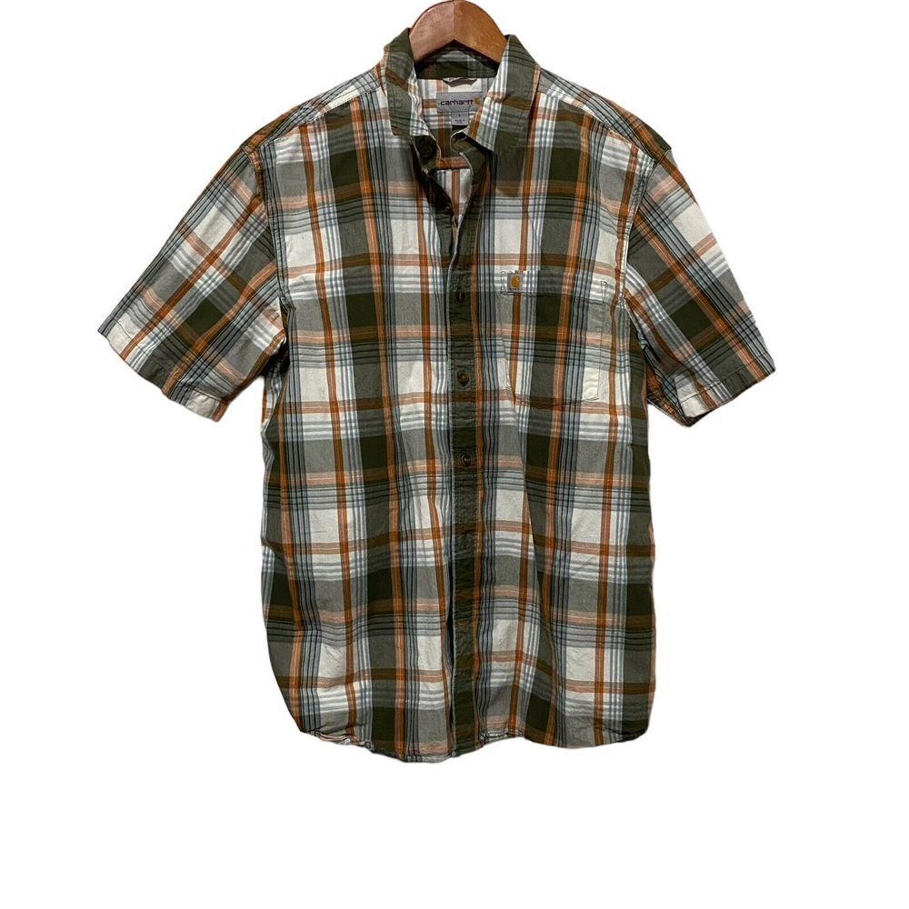 Carhartt Shirt Mens Large Gray Orange Plaid Force Short Sleeve Zip Pocket